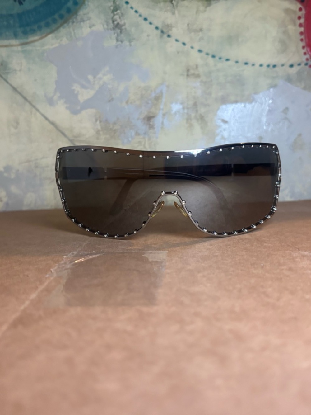 Valentino Black Shield Sunglasses with crystal Stud Accents